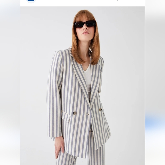 ENTRO Cotton/linen Striped Blazer dove Blue. Size Small NWT - Picture 2 of 16